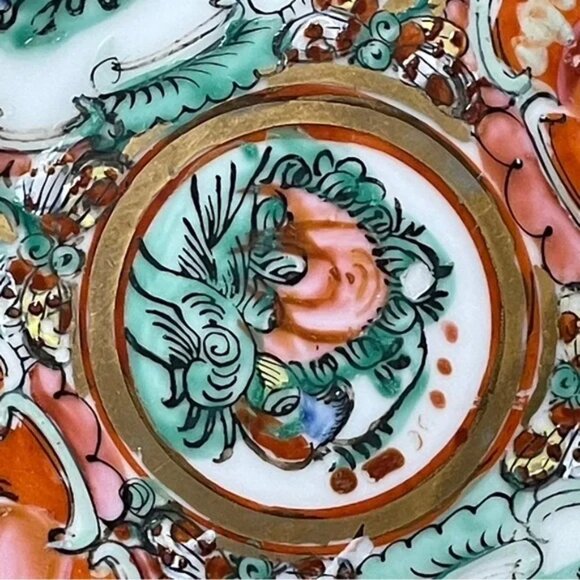 Vtg FAMILLE ROSE MEDALLION Decorative Porcelain Bowl encased in pewter JAPAN EUC - Picture 12 of 14